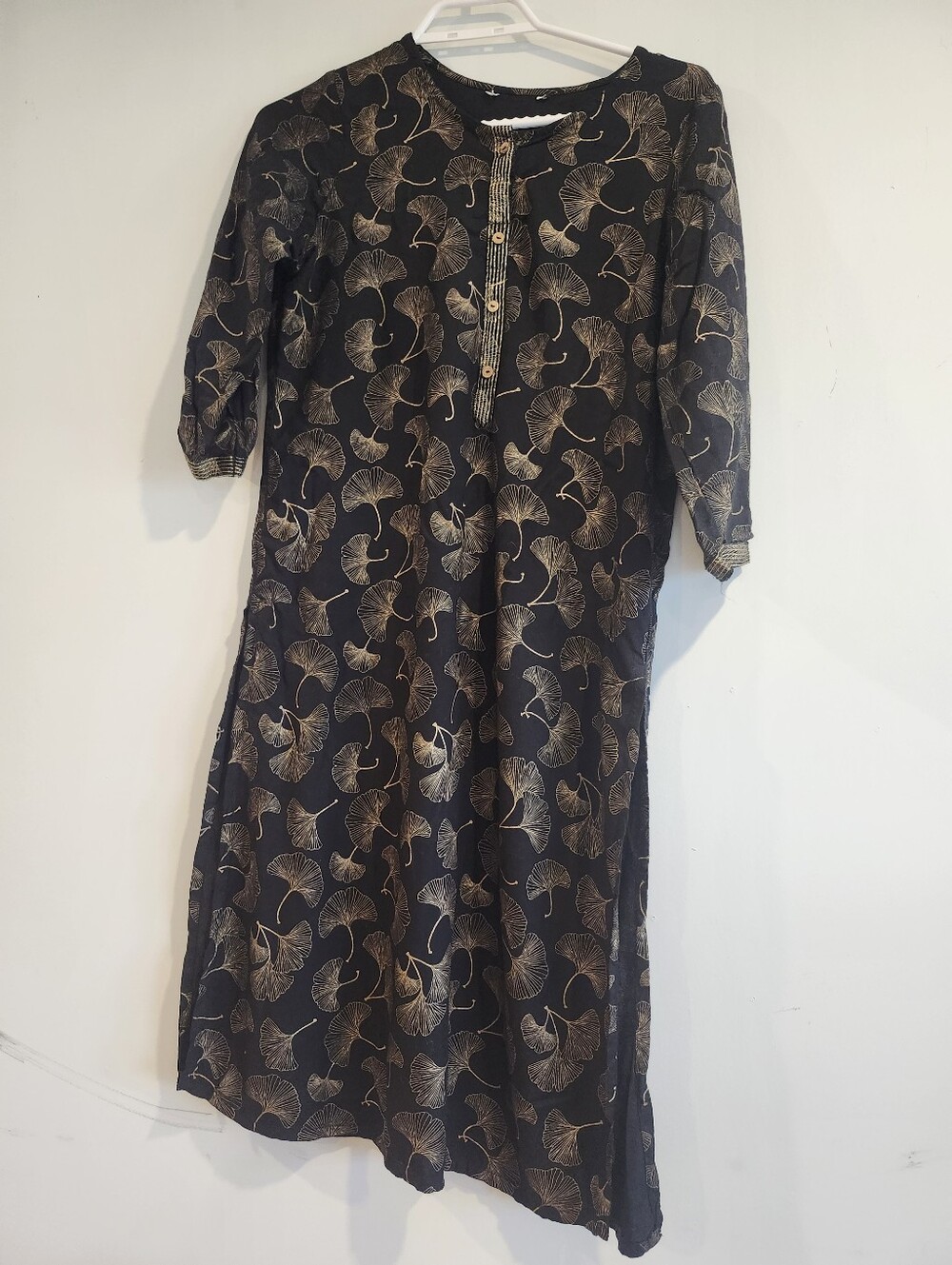 Black & Gold Indian Tunic Dress Shirt – Ginkgo Leaf Print, Boho Midi Dress